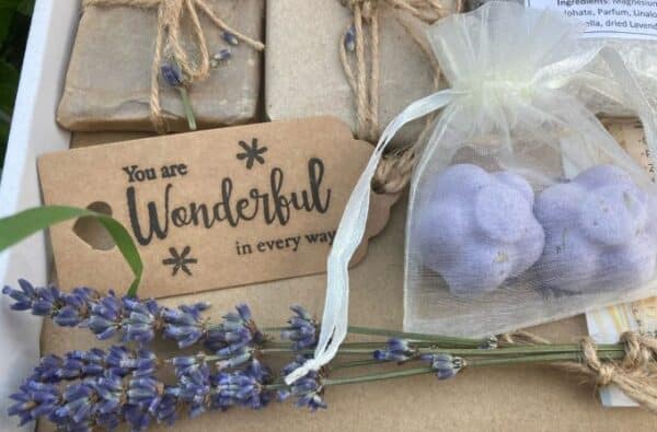 wonderful tag with lavender soap in net bag