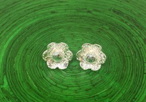 silver earrings on green background