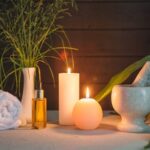 candles, diffuser and mortar and pestle