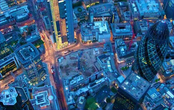 London city at night aerial view